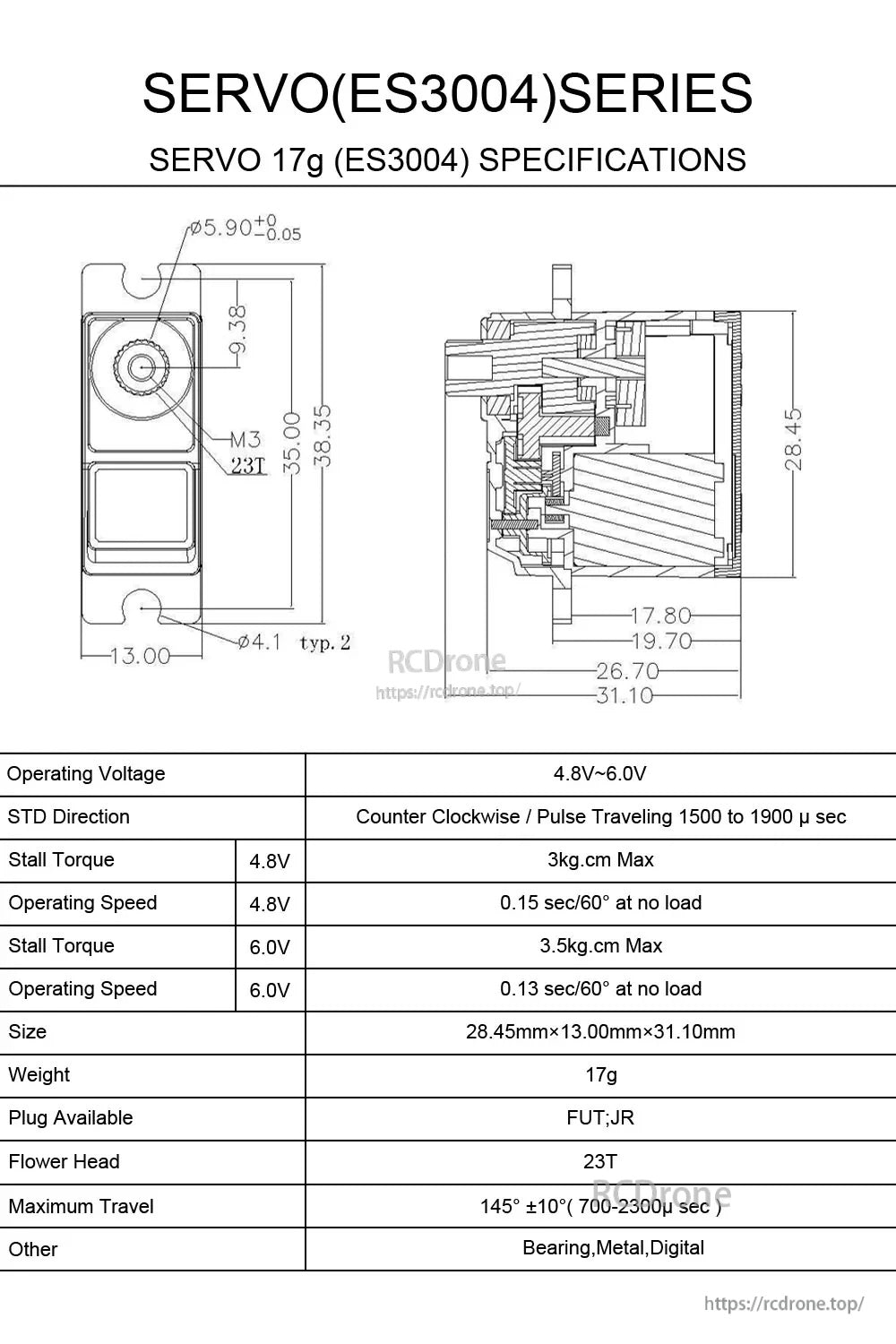 EMAX ES3004 metal gear analog servo specifications with dimension drawing, 4.8–6.0V and 23T spline