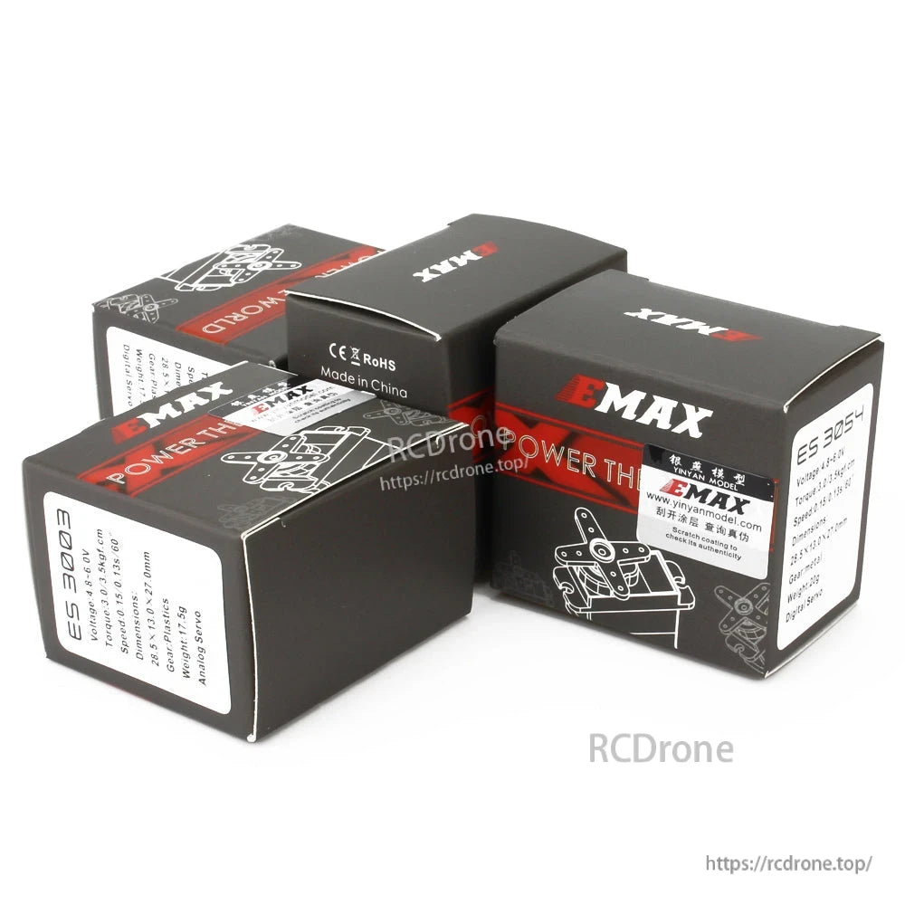 EMAX ES3004 retail boxes with product label stickers and EMAX branding
