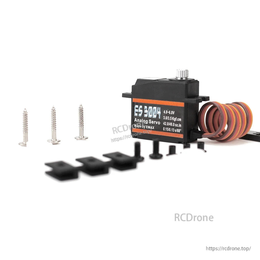 EMAX ES3004 analog servo with mounting screws and servo horn hardware kit laid out
