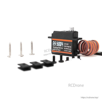 EMAX ES3004 analog servo with mounting screws and servo horn hardware kit laid out