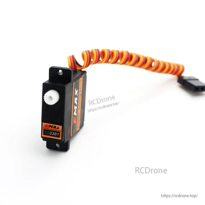 Front view of ES3301 micro servo showing output spline, mounting tabs, and twisted cable