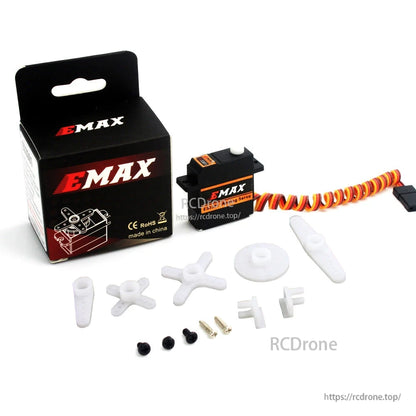 EMAX ES3301 servo kit with retail box, plastic servo horns, screws, and small fittings