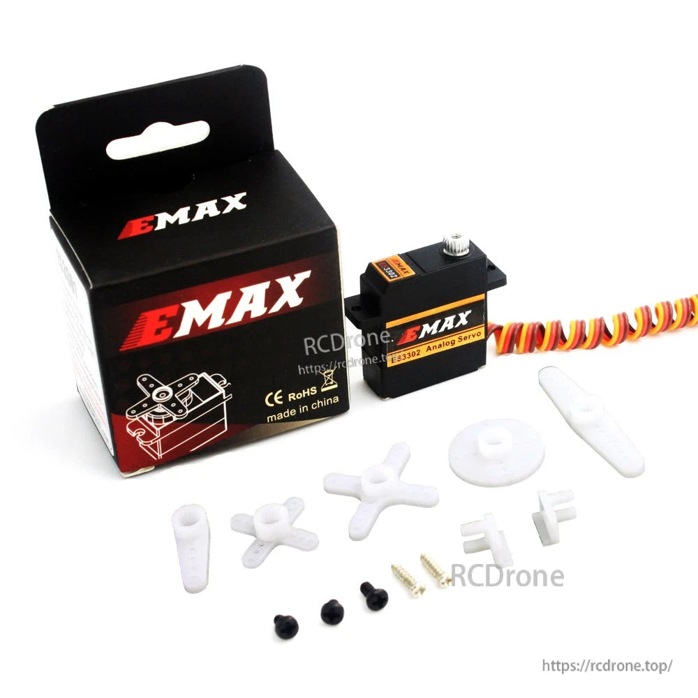 EMAX ES3302 mini metal gear analog servo kit with retail box, servo horns, screws, and small hardware