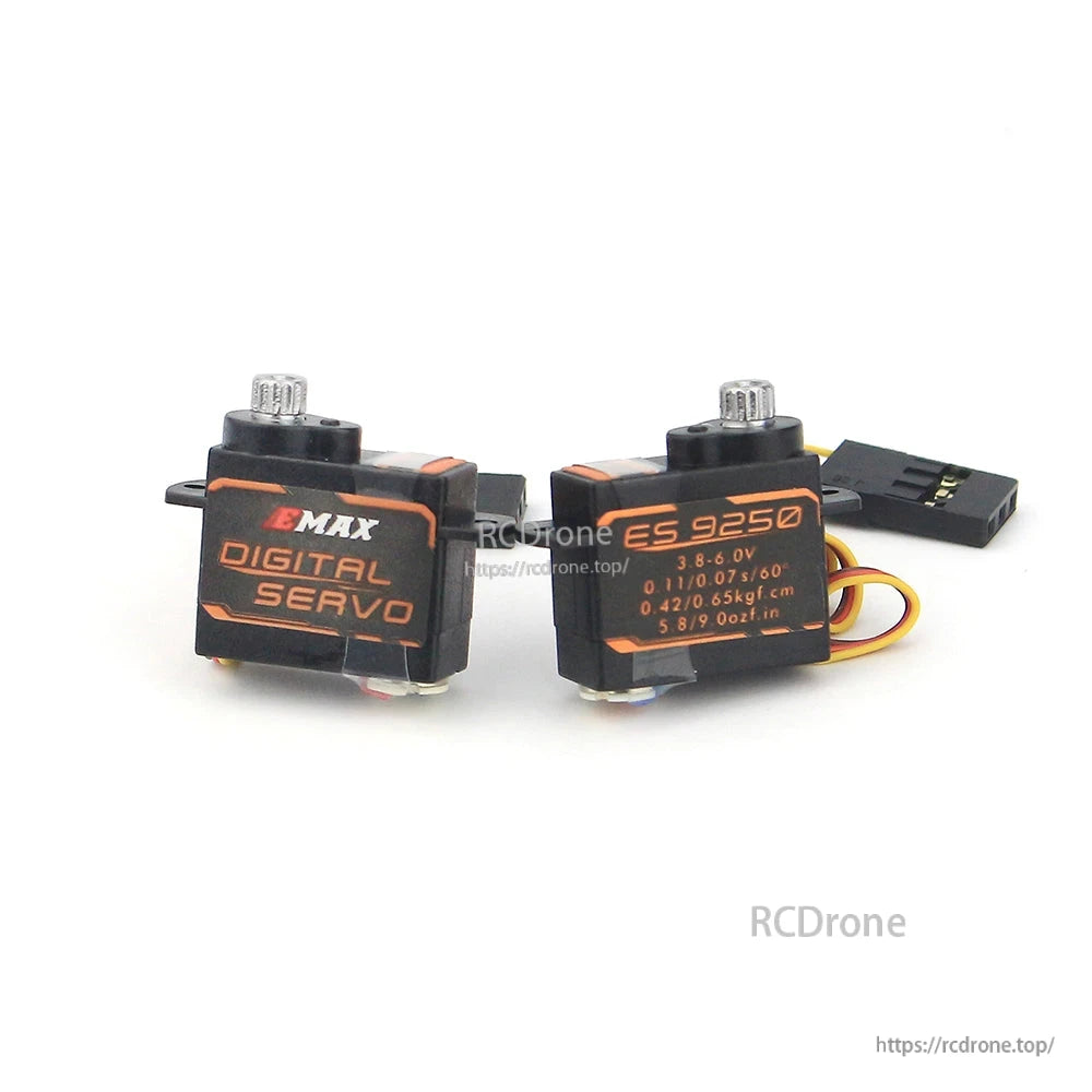 Two-view comparison of ES9250 servo showing both label sides and connector lead