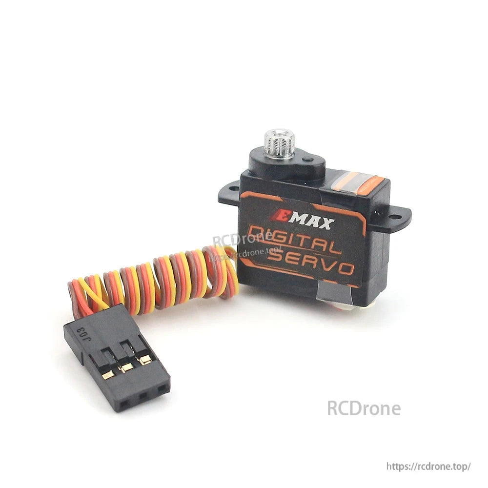 EMAX digital micro servo angled close-up showing output spline, mounting ears, and 3-pin plug