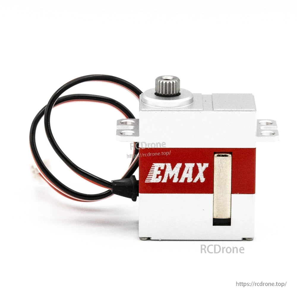 Front-facing side view with EMAX logo stripe, top output shaft, and mounting tabs