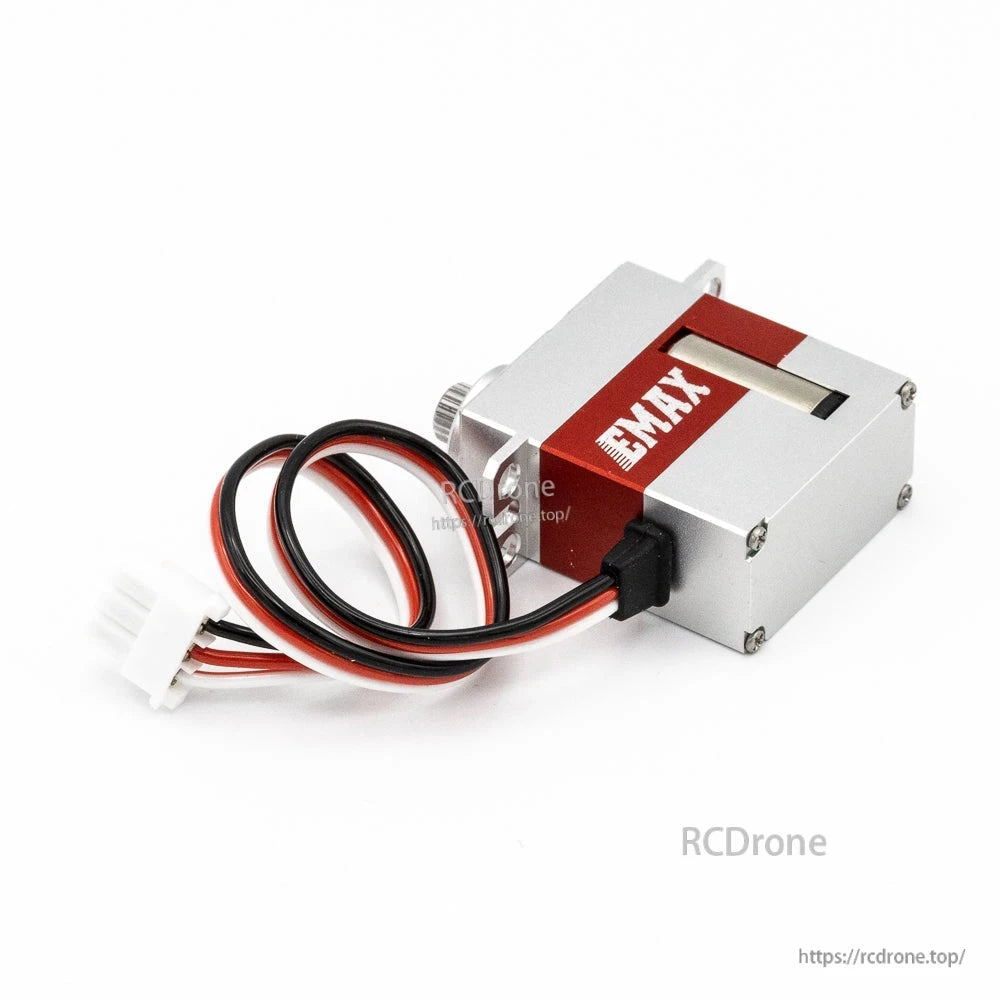 Rear/side angle of servo showing cable strain relief and four case screws