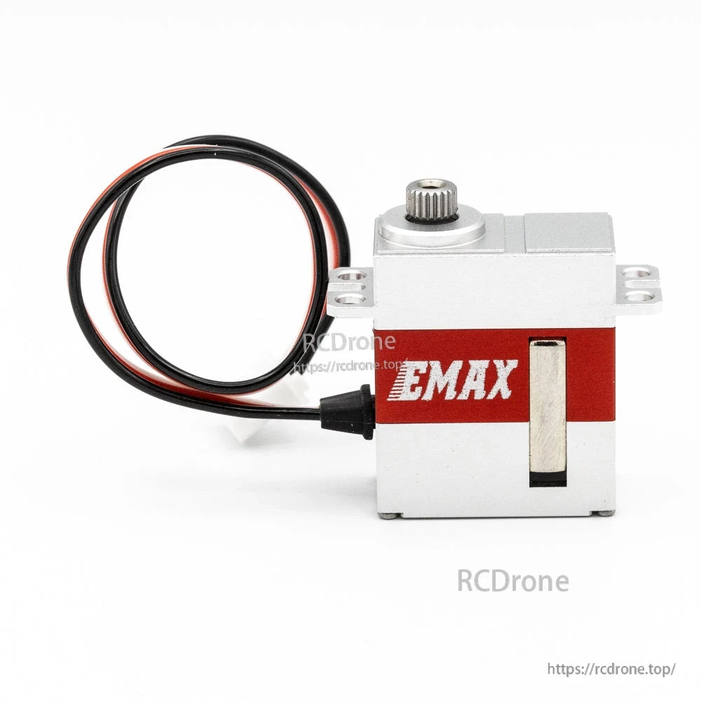 EMAX logo side view of servo with cable looped behind and mounting tabs visible