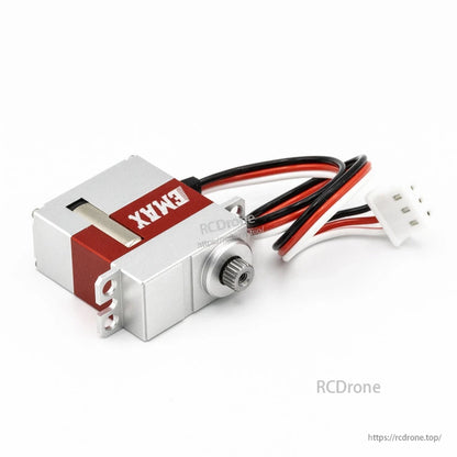 Angled front view emphasizing output shaft end and attached 3-wire connector lead