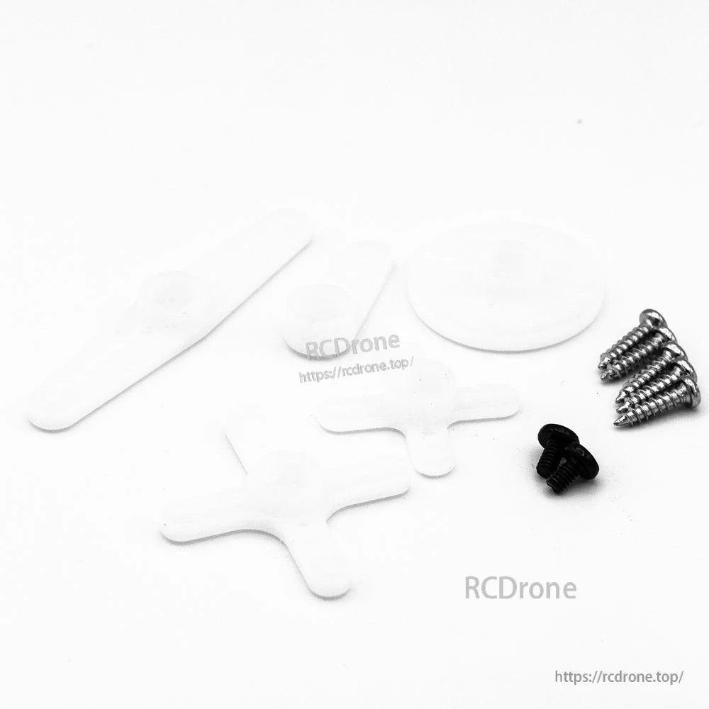Included servo horn set and mounting screws: long arm, round disc, cross horns, and hardware