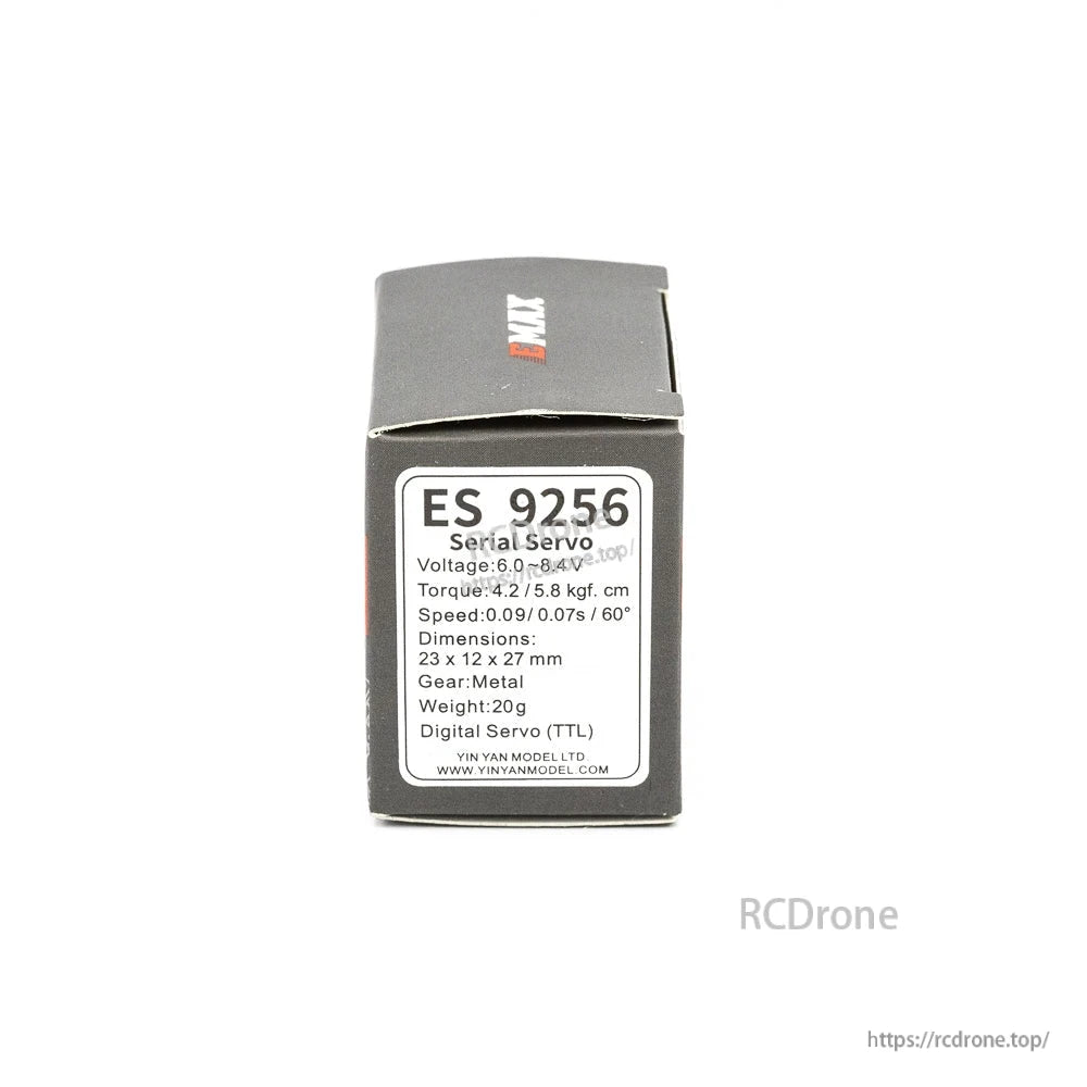 Close-up of ES9256 box label listing voltage, torque, speed, dimensions, and TTL digital servo