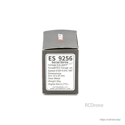 Close-up of ES9256 box label listing voltage, torque, speed, dimensions, and TTL digital servo
