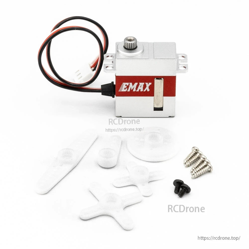 Servo kit layout with EMAX servo plus white servo horns, round disc, and mounting screws