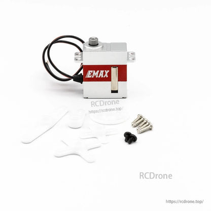 Servo with accessory horns and screws arranged in front on white background