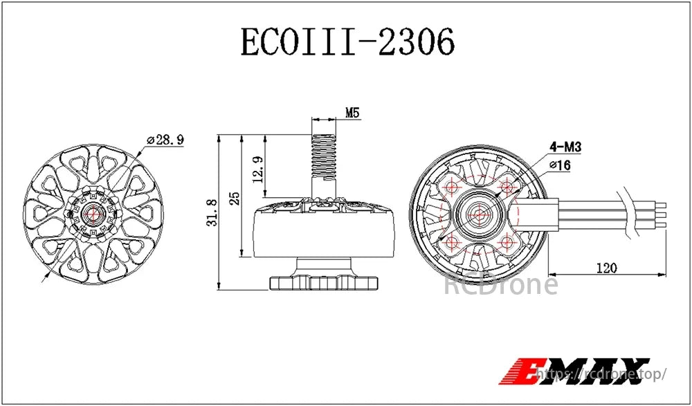 EMAX EcoIII Motor, Specifications for a drone motor: 12N14P framework, various cell counts, propeller sizes, weights, and features like precision bearings and anodized aluminum.