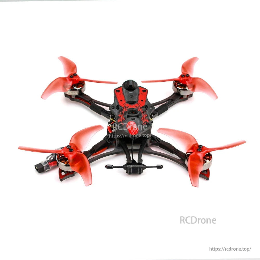 Rear view showing antenna mount and standoffs with red propellers visible