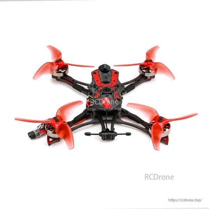 Rear view showing antenna mount and standoffs with red propellers visible