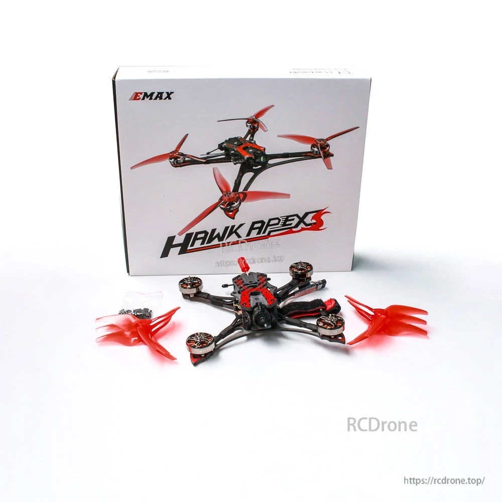 Package contents with Hawk Apex box, quadcopter, spare red propellers, and small accessories