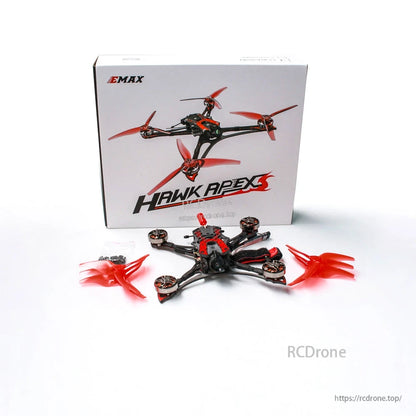 Package contents with Hawk Apex box, quadcopter, spare red propellers, and small accessories
