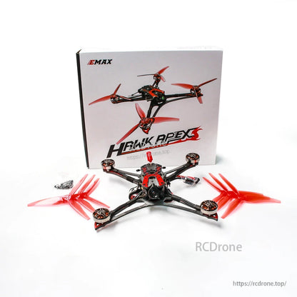 EMAX Hawk Apex 5-Inch FPV drone with retail box, spare propellers, and hardware bag displayed