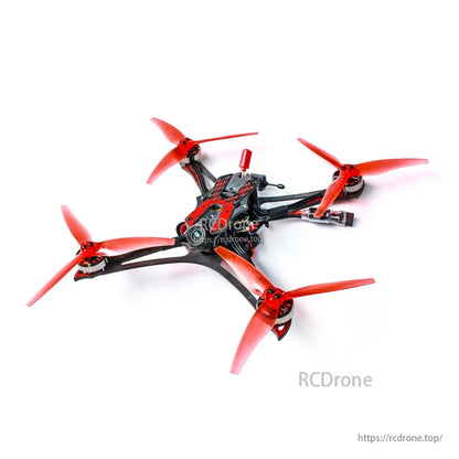 Diagonal top view of quadcopter frame with red tri-blade propellers and front camera mount