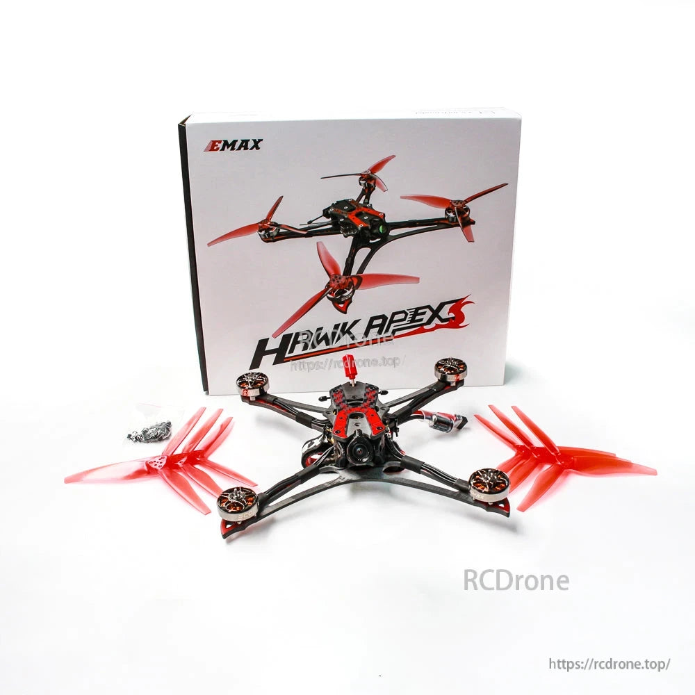 EMAX Hawk Apex 5 Inch FPV product box with drone, spare red propellers, and screw pack