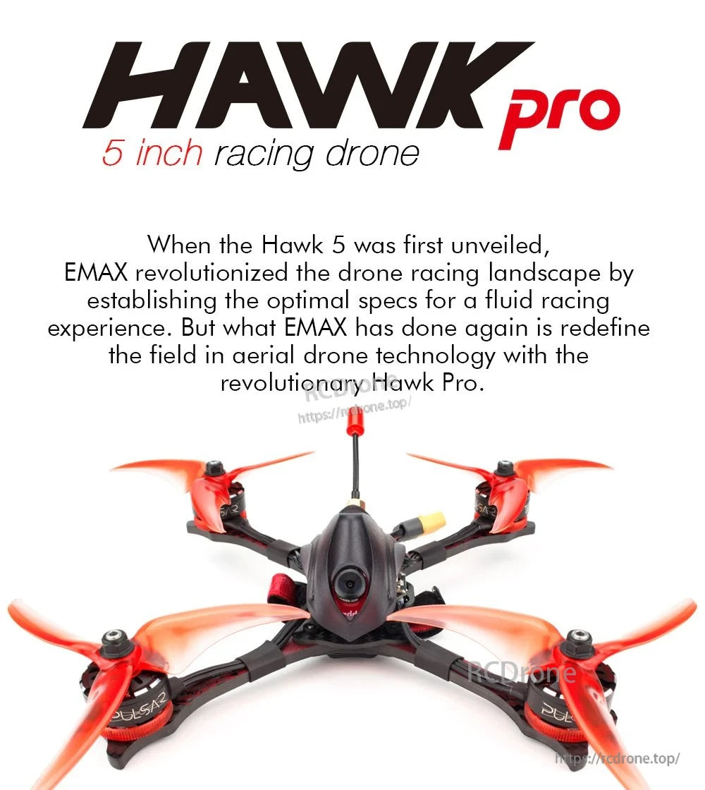 EMAX Hawk Pro 5 inch FPV racing drone (BNF) with red AVAN Scimitar propellers, front view
