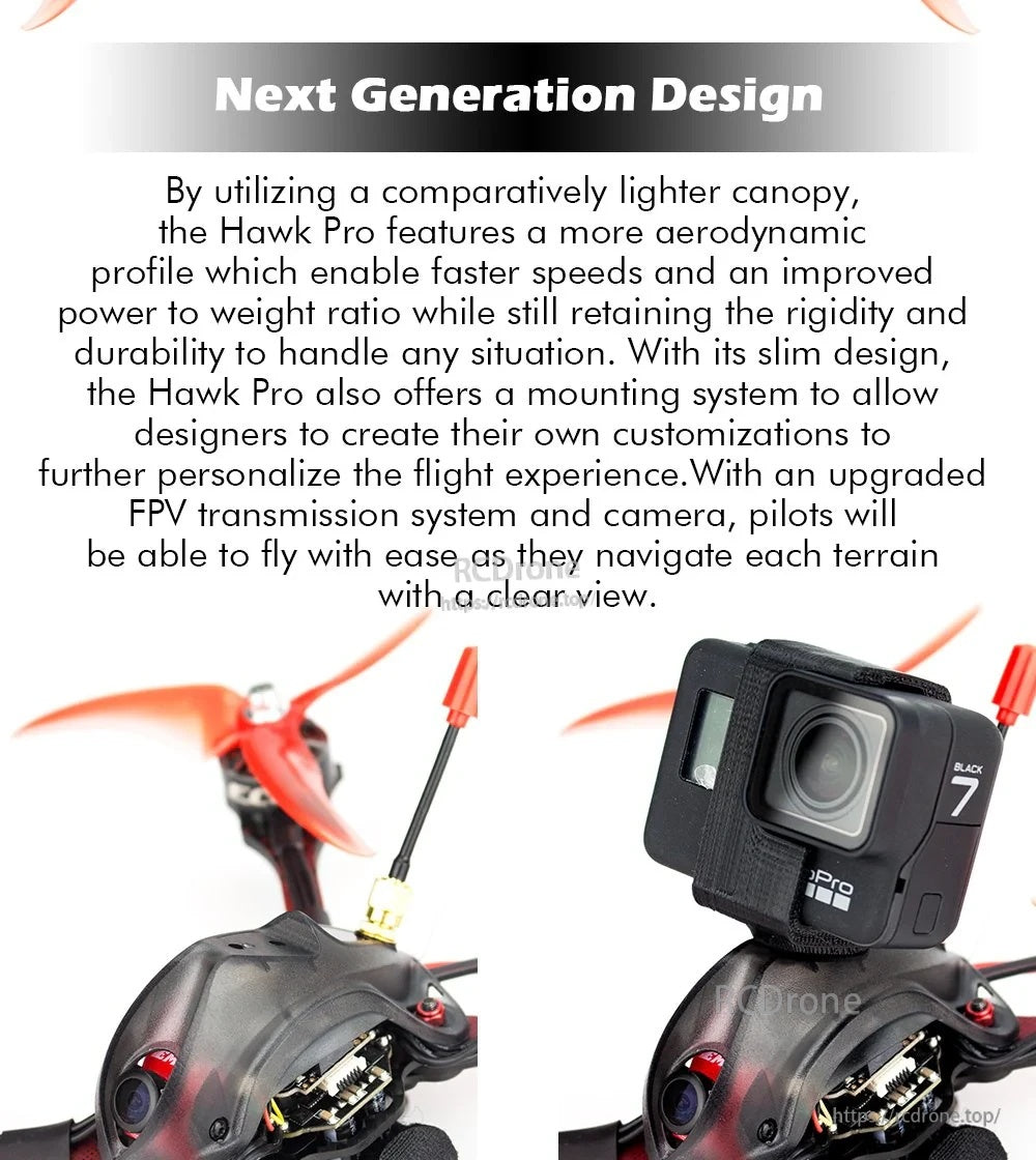 Lightweight aerodynamic canopy and mounting space for an HD action camera on the Hawk Pro frame
