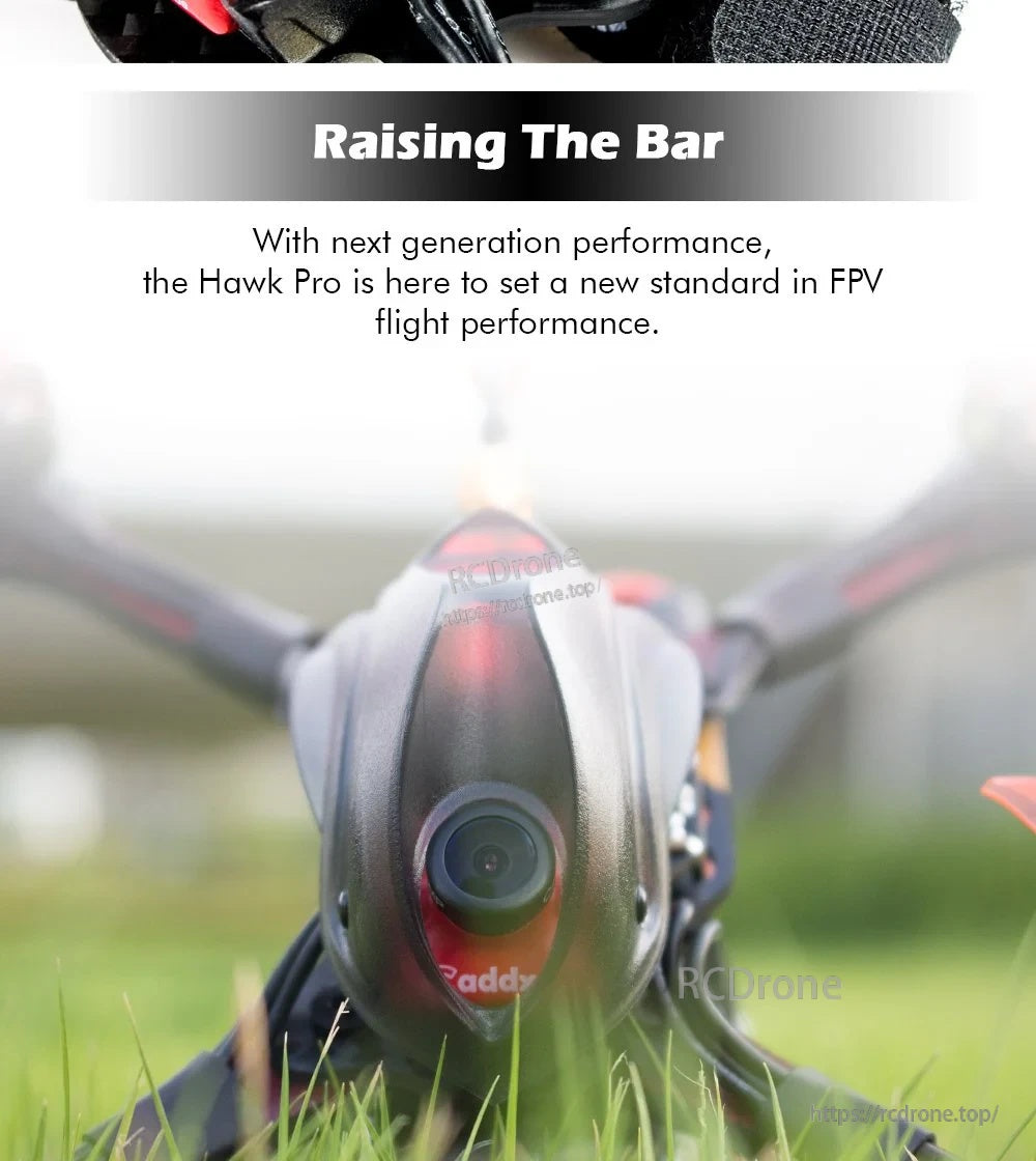 Caddx Ratel FPV camera close-up on Hawk Pro canopy, centered lens view for analog FPV