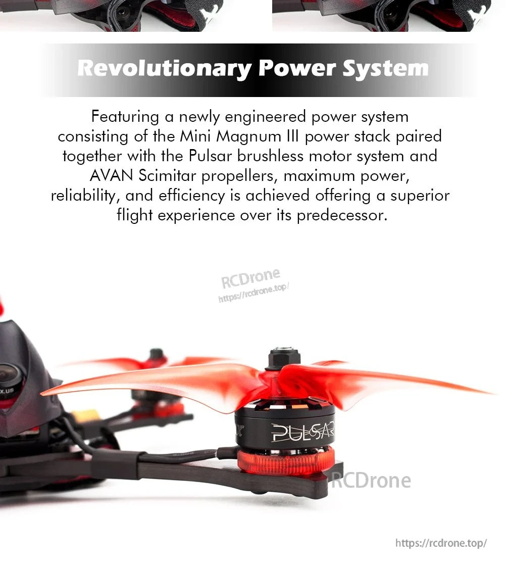 Close-up of Pulsar 2306 brushless motor with LED base and AVAN Scimitar 3-blade propeller