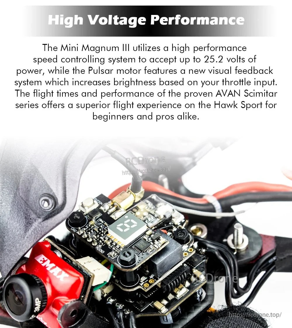 Mini Magnum III electronics stack close-up with F4 flight controller and 35A BLHeli_32 ESC wiring