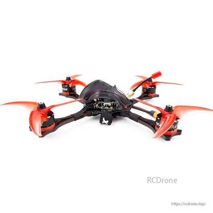 Rear low-angle view of the Hawk Pro quadcopter showing back of canopy, battery lead, and props