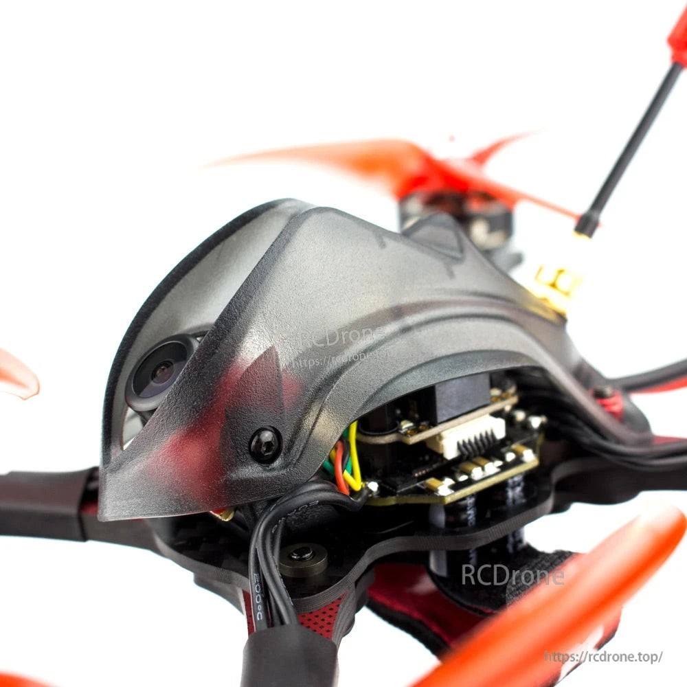 Close-up under canopy showing internal electronics board and wiring near the front camera housing