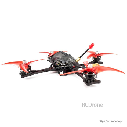 EMAX Hawk Sport 5 Inch FPV angled side view with red props, motors, and rear antenna mount