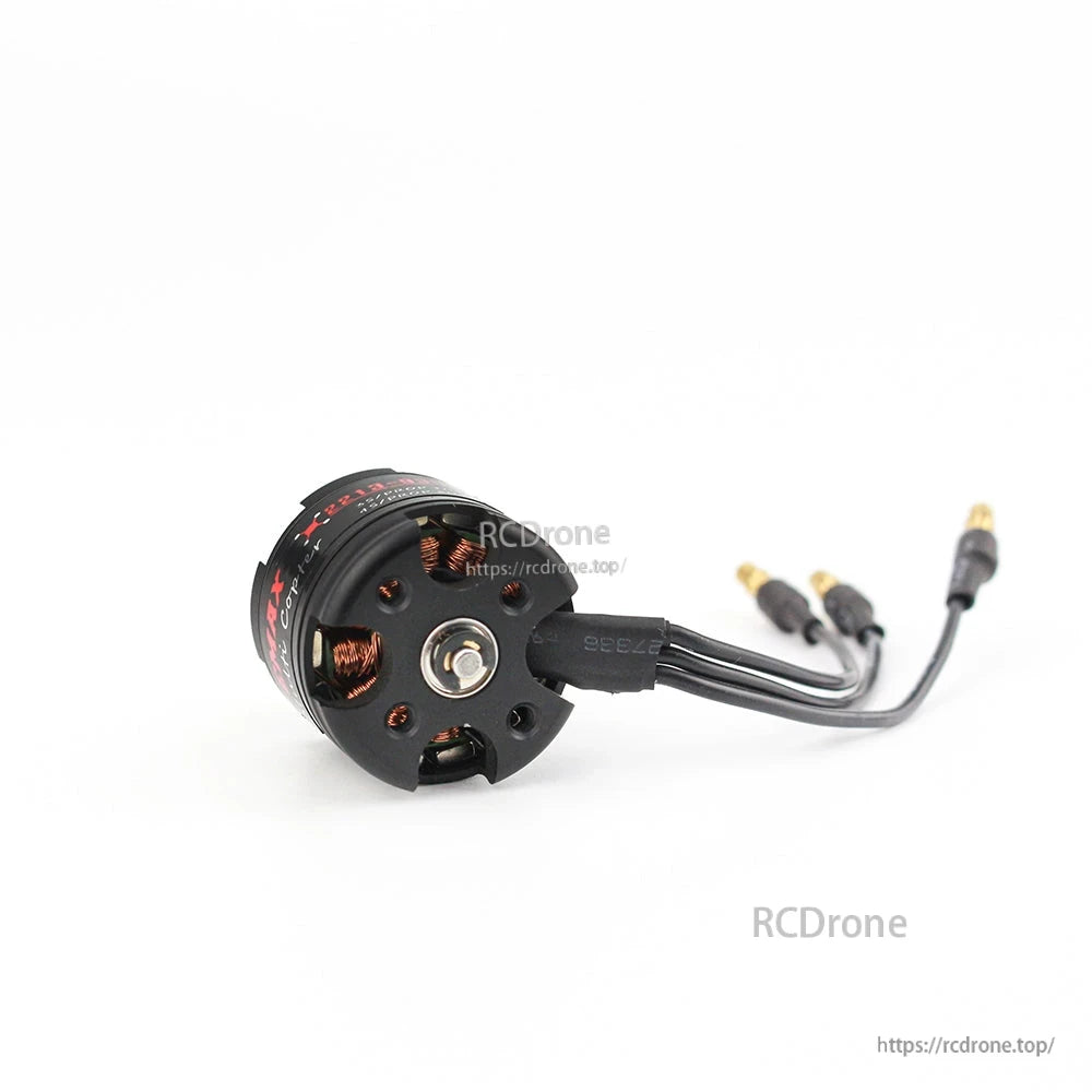 Bottom view of brushless motor showing mounting base, center shaft end, and three phase wires