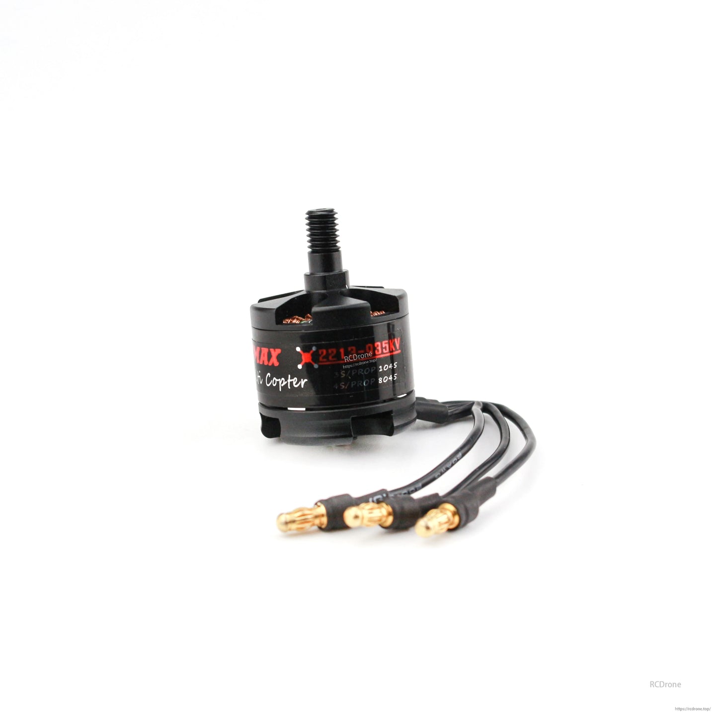 Side profile of MT2213-935KV motor with three gold bullet connectors aligned in front