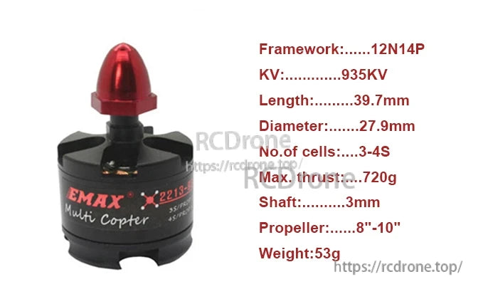 EMAX MT2213 935KV multicopter brushless motor with key specs: 12N14P, 3–4S, 3mm shaft, 8–10 in props