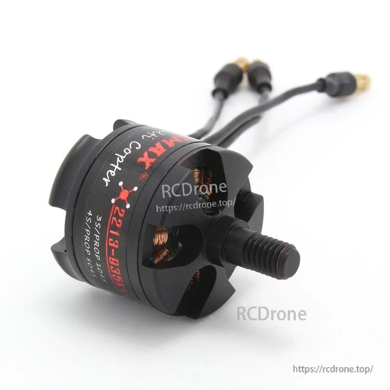 Top angle of MT2213 motor showing threaded shaft, vented bell, and attached connectors