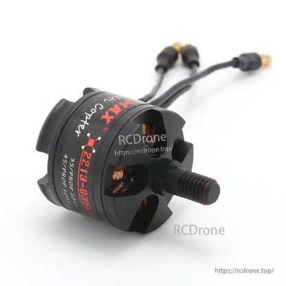 Top angle of MT2213 motor showing threaded shaft, vented bell, and attached connectors