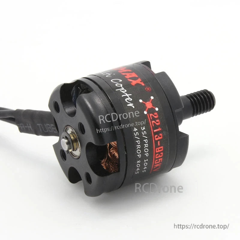 EMAX MT2213-935KV motor close-up showing printed label and bottom bearing plate