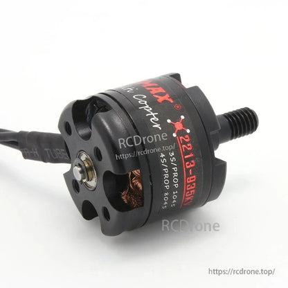 EMAX MT2213-935KV motor close-up showing printed label and bottom bearing plate