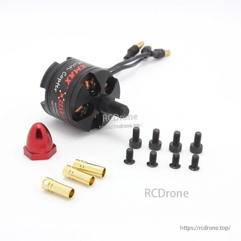Package contents laid out: MT2213 motor, red adapter cap, bullet connectors, and screws