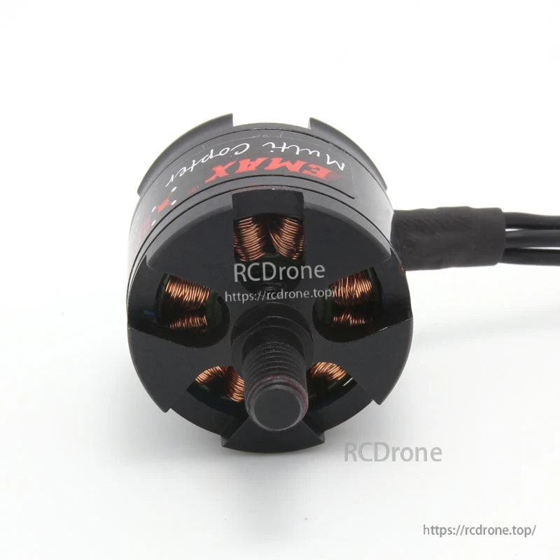Side view of EMAX MT2213 motor can with attached lead wires (partially obscured)