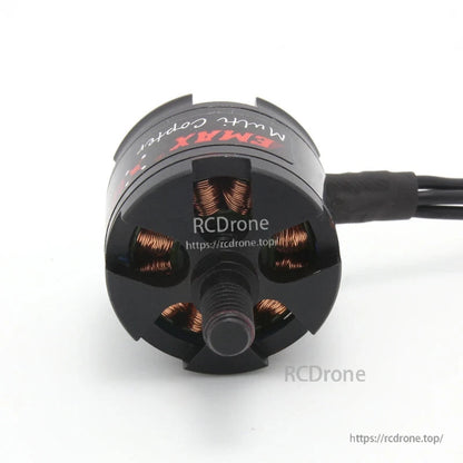Side view of EMAX MT2213 motor can with attached lead wires (partially obscured)