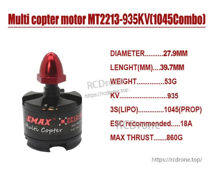 EMAX MT2213 935KV multicopter motor with prop adapter, listing 27.9mm diameter, 39.7mm length and 53g weight