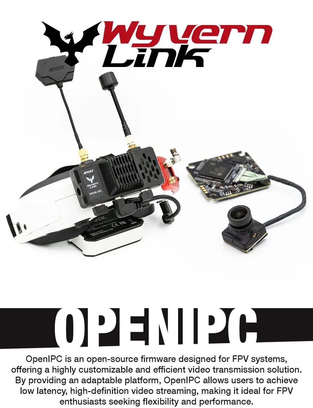 EMAX OpenIPC Wyvern Link Alpha 200mW VTX FPV HD video system with antennas, VRX, and camera