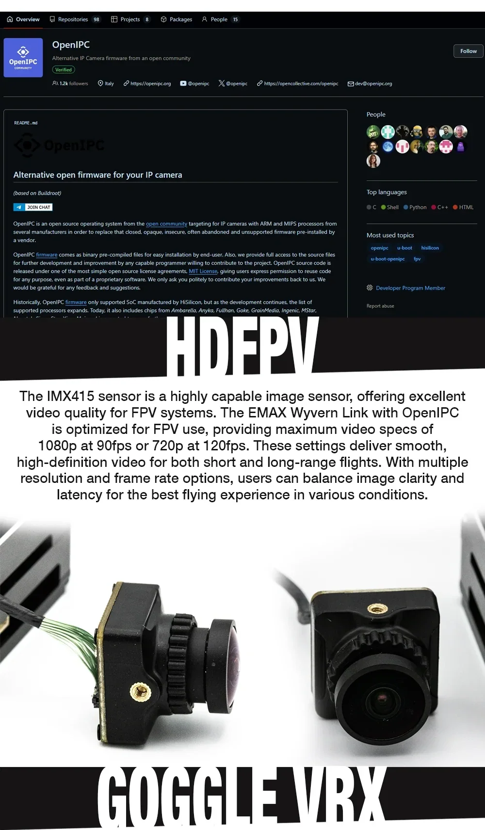 OpenIPC firmware platform page with IMX415 FPV camera views highlighting HD settings for Wyvern Link