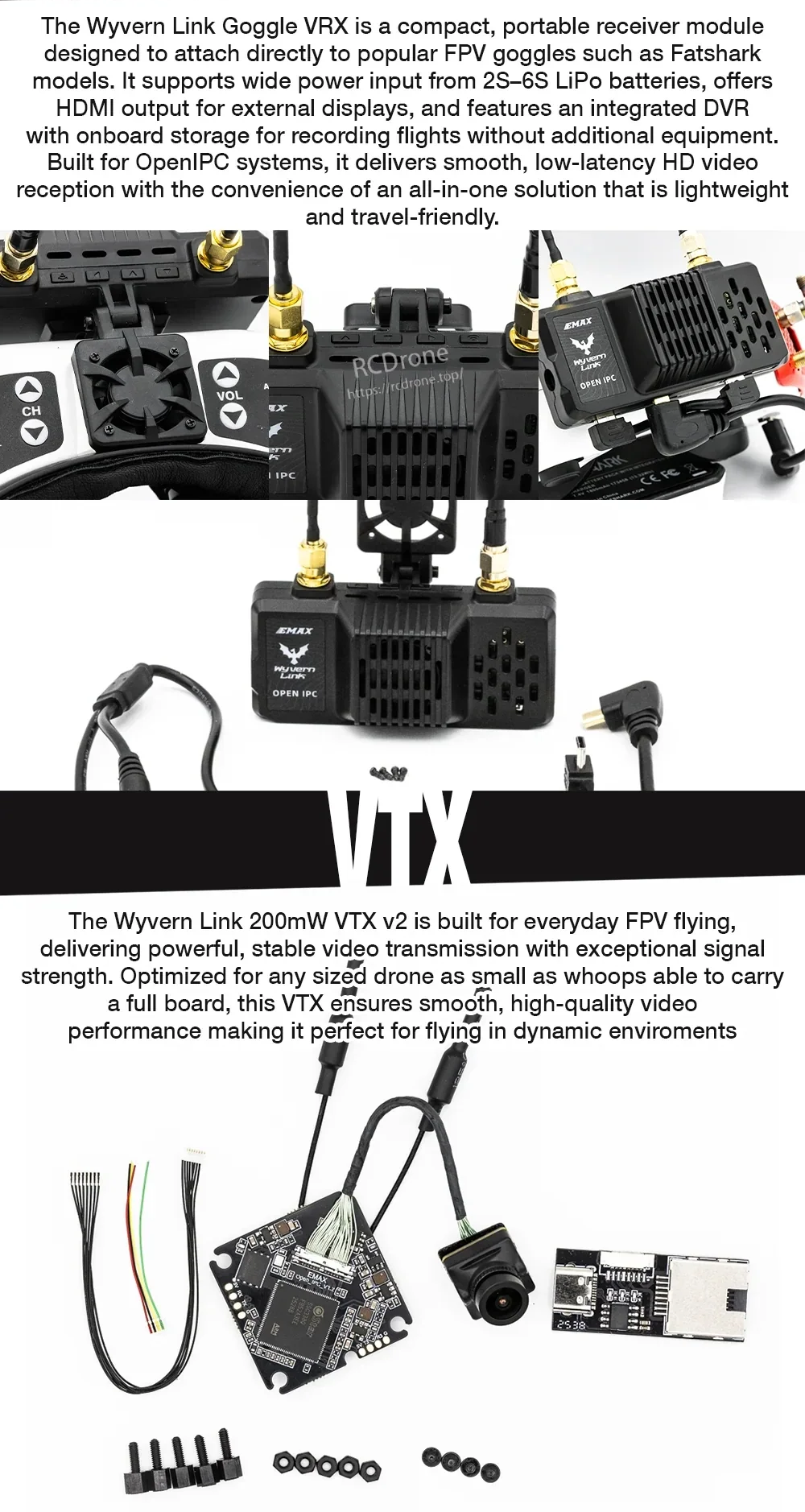 Wyvern Link goggle VRX receiver and full kit layout including VTX module, camera, and wiring accessories