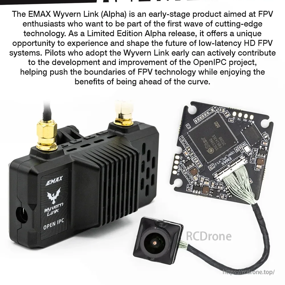 EMAX OpenIPC Wyvern Link Alpha 200mW VTX close-up with heatsink housing, main board, and FPV camera