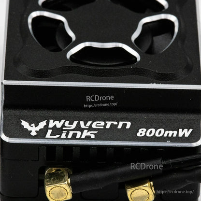 Wyvern Link 800mW marking close-up on transmitter case with two antenna connectors attached